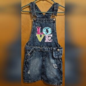 Girls Denim Kids Distressed Skirt  Overalls with Colorful Love Patch Sequins 12